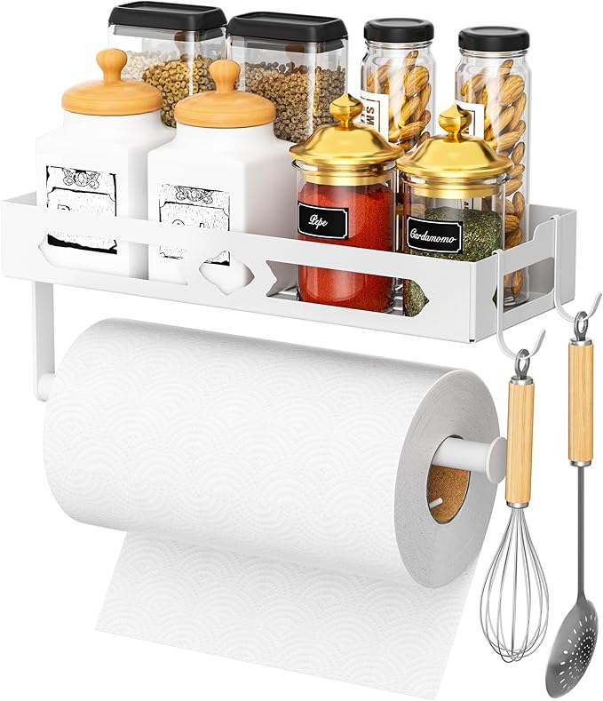 Paper Towel Holder with Shelf, One Hand Tear, Paper Towel Holder Wall Mount with 2 Detachable Hooks for Kitchen, Bathroom, White