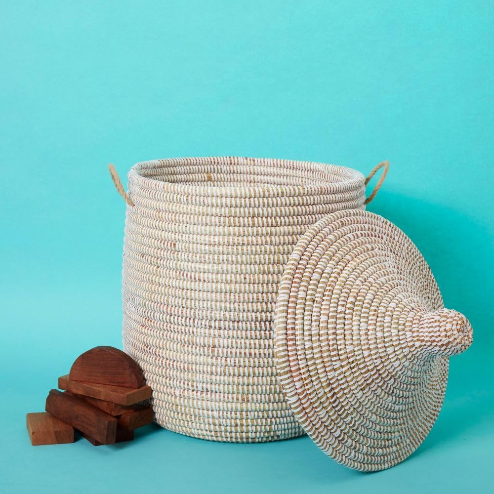 Small White Basket with Lid, African Woven Wicker Basket, Handwoven in Senegal, 12" W x 14" H