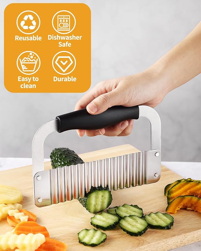Crinkle Cutter Stainless Steel Potato Slicer Heavy Duty Wavy Crinkle Cutting Chopping Tools with Comfortable Handle for Carrot Veggies (2, Black)
