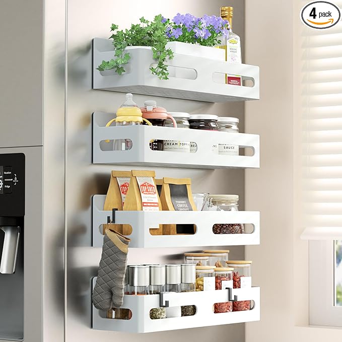 Sevenblue 4 Pack Strong Magnetic Spice Rack for Refrigerator, Multipurpose Magnetic Shelf for Fridge with 4 Hooks for kitchen and Bathroom Organization, White
