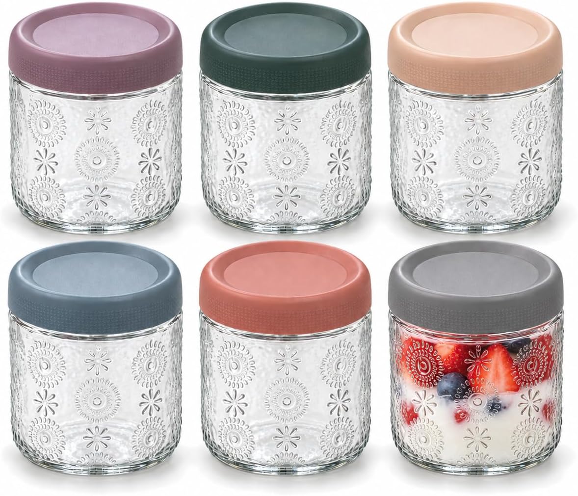 SunBloom 6 Pack 16 oz Sunflower Glass Overnight Oats Jars with Lids, Embossed Floral Food Storage Containers for Yogurt, Oatmeal, Salad, Coffee and Spices