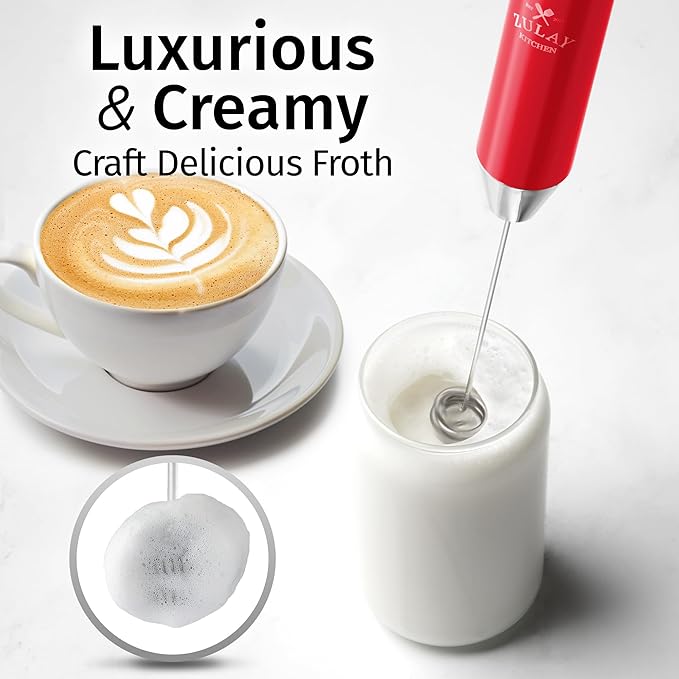 Zulay Kitchen Rechargeable Milk Frother Handheld - Frother Wand, Drink Mixer, Electric Whisk Frother, for Cappuccinos, Matcha & Protein Powder - Lux 4 Whisk 2 Speed Waterproof 2000mAh Red