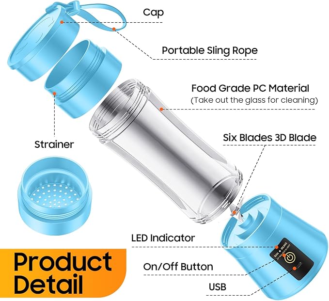 Cordless Portable Personal Size Blender - 12 Oz Mini Blender Make Smoothies and Shakes, Cordless Lightweight Rechargeable, Freshly Squeezed in Picnic/Sports/Office