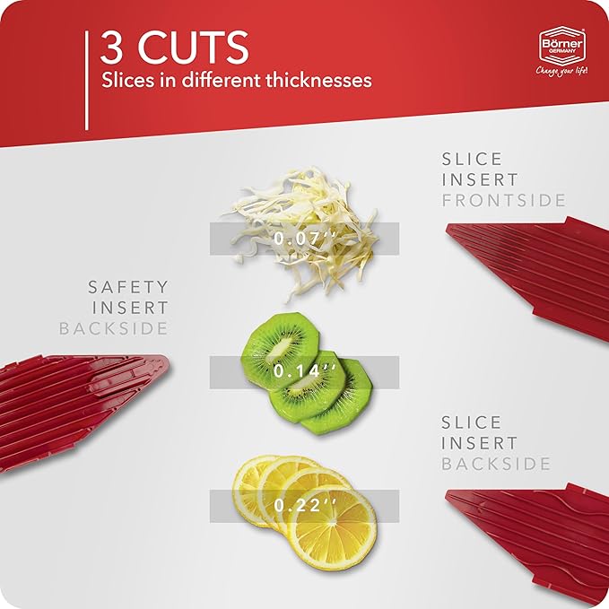 Börner Mandoline Slicer V1 (Basis Set) • V-Slicer with 2 Inserts & Fruit Holder • Adjustable Kitchen Slicer for Vegetables & Fruits • Vegetable Cutter • 3 Thickness Settings • Color: Red