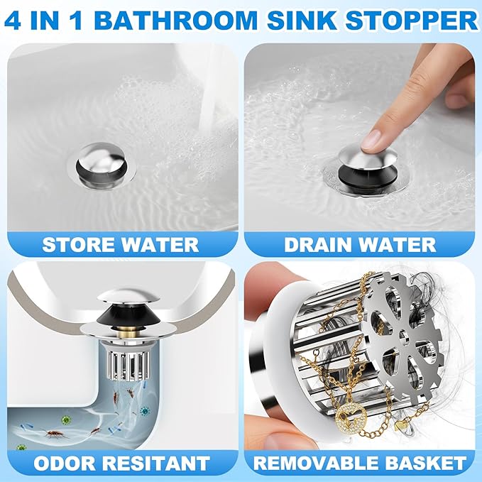 Universal 4 in 1 Bathroom Sink Stopper with Removable Filter Basket, Pop Up Pure Copper Bathroom Sink Drain Strainer, Anti-Clogging Bathroom Drain Stopper Sink Plug for 1.06"-1.65" Basin Drain Holes