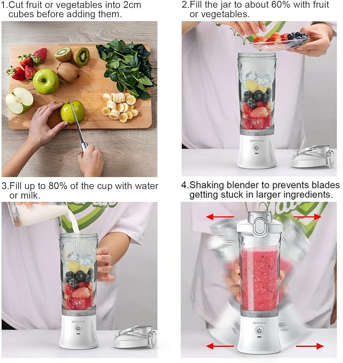 DENOKIN Portable Blender, Shakes and Smoothies Cordless Personal Size Blender 20oz with 6 Blade and a Travel Lid (Apple White)