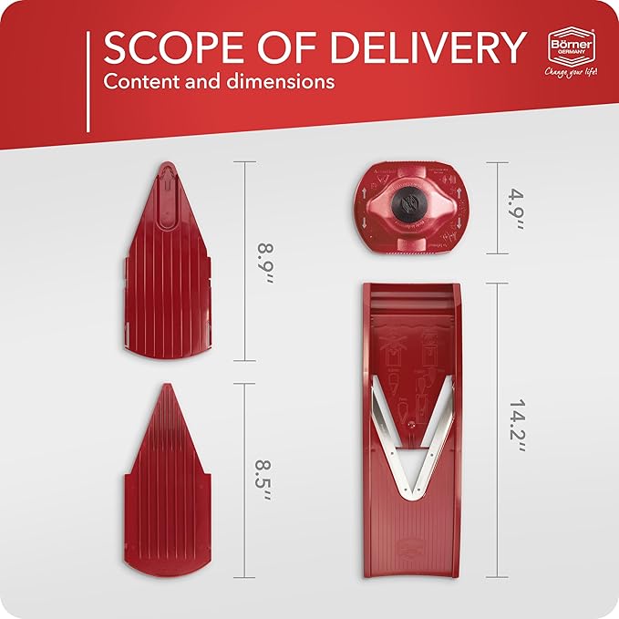 Börner Mandoline Slicer V1 (Basis Set) • V-Slicer with 2 Inserts & Fruit Holder • Adjustable Kitchen Slicer for Vegetables & Fruits • Vegetable Cutter • 3 Thickness Settings • Color: Red