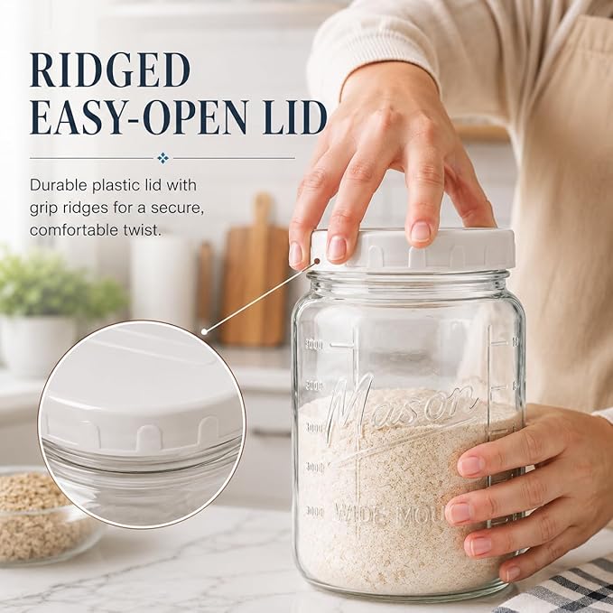 kitchentoolz Extra Large Mason Jar - 1 Gallon Glass Wide Mouth Jar with Airtight Plastic Screw on Lid, Food Storage Container with Measurement Marks Pack of 2