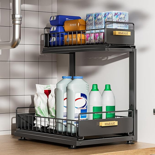 Under Sink Organizer, High Adjustable 2 Tier Under Kitchen Sink Organizer, Black