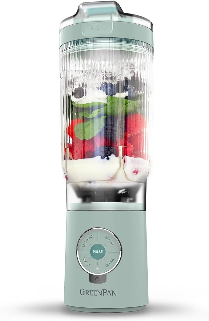 GreenPan Spin & Go Portable Blender, 24oz BPA-Free Cup, Self-Cleaning, Shakes Smoothies Juices, Crushed Ice & Frozen Fruits, Leakproof Lid, Fast Charge, Personal Handheld for Travel & Gym, Ancona Blue