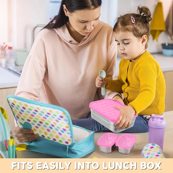 Tanjiae Small Stainless Steel Lunch Containers for Kids | Leak Proof BPA Free Snack Containers with Silicone Lids - Perfect Metal Snack Containers with Lids for School and Daycare (25oz+8oz*2)