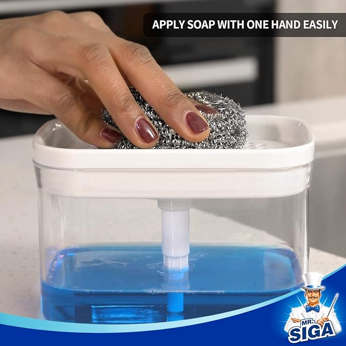MR.SIGA 2 in 1 Premium Soap Dispenser and Sponge Holder, Dishwashing Soap Pump Dispenser for Kitchen Countertop, White