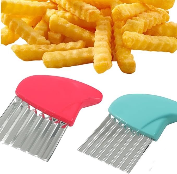 2 Pack Crinkle Cutter Stainless Steel Wavy French Fry & Vegetable Slicer for Potatoes, Carrots, Cheese, Multi-Color (Pink & Blue)