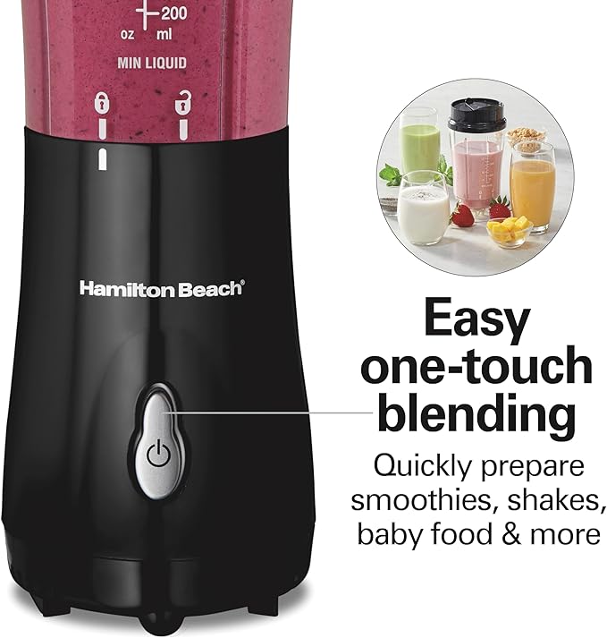 Hamilton Beach Portable for Shakes and Smoothies, 14 Oz BPA Free Travel Cup & Lid, Durable Stainless Steel Blades, Personal Smoothie, Black (51101AG)