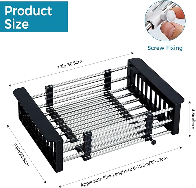 COVRA Over Sink Dish Drying Rack, Stainless Steel Drainer for 10.6"-18.5" Sinks (Square Sinks ONLY), Kitchen Countertop Organizer for Dishes, Vegetables, and Fruits (Black)