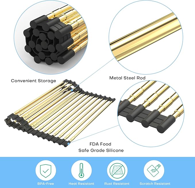 Expandable Roll Up Dish Drying Rack, Adjustable Large Over The Sink Rack Draining Rack (Max Extends to 21.25”) for Stainless Steel Sinks, Collapsible Silicone Rolling Up Rack 18 Tube for Kitchen, Gold