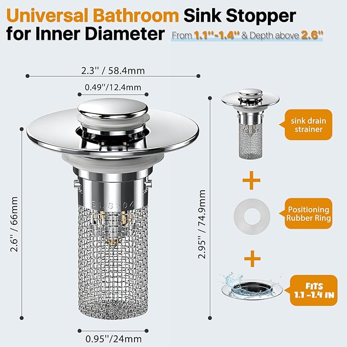 2PCS Bathroom Sink Stopper Hair Catcher, Pop Up Sink Drain Stopper with Strainer & Filter, Universal Drain Plug for Sink Drain & Replacement, Sink Drain Cover with Basket for Bathroom Stopper