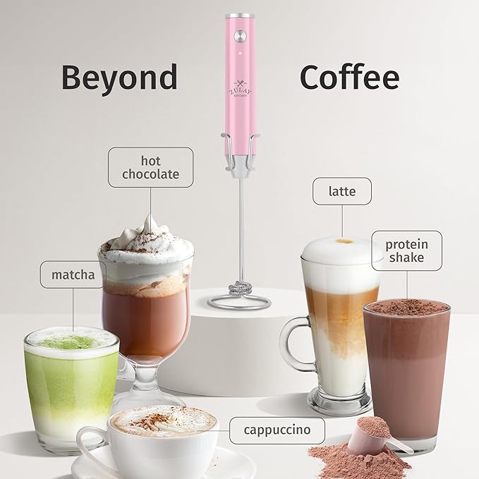 Zulay Kitchen Rechargeable Milk Frother Handheld - Frother Wand, Drink Mixer, Electric Whisk Frother, for Cappuccinos, Matcha & Protein Powder - Lux 4 Whisk 2 Speed Waterproof 2000mAh Pink
