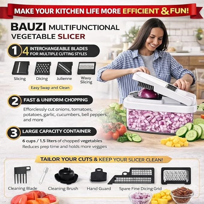 12-in-1 ABS Vegetable Chopper, Onion Cutter with Container, Food Slicer Dicer & Grater, Multifunction Kitchen Gadget for Fruits & Vegetables, BPA Free