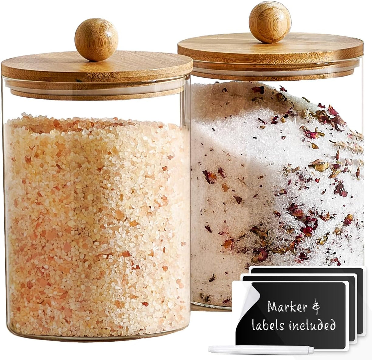 Set of 2 Glass Canisters for Kitchen Counter with Airtight Bamboo Lids + Marker & Labels - 68oz. Large Cookie Jars Wooden Lid, Food Storage Containers Pantry, Flour, Sugar, Pasta, Candy.