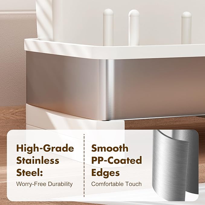 Sink Caddy, Stainless Steel Sink Caddy with Brush Holder, Kitchen Sink Caddy Dishcloth Rack and Holds Soap Dispenser, Sink Organizer Auto-Drain Rustproof Countertop Organizer (White)