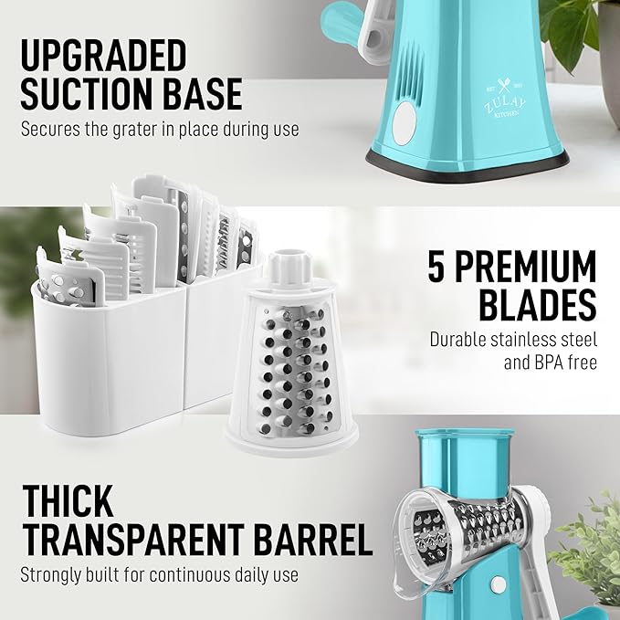 Zulay Kitchen Rotary Cheese Grater 5 Blade Cheese Shredder - Manual Hand Crank Cheese Grater With Reinforced Suction & 5 Interchangeable Drums