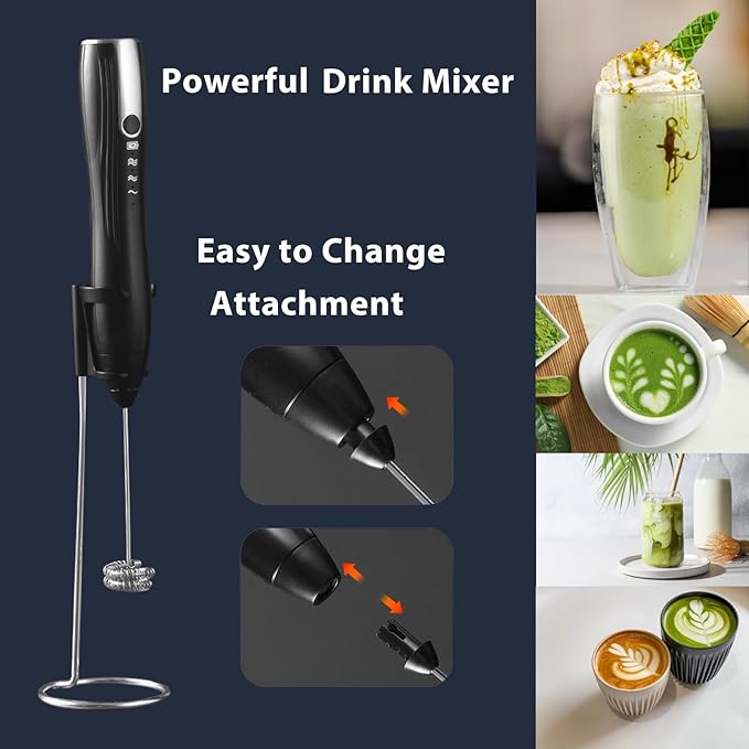 Rechargeable Handheld Milk Frother with Stand, Coffee Foam Frother Wand, Detachable Stainless Steel Whisk Drink Mixer for Coffee, Cappuccino, Lattes, Frappe, Matcha,Egg and Hot Chocolate (Black)