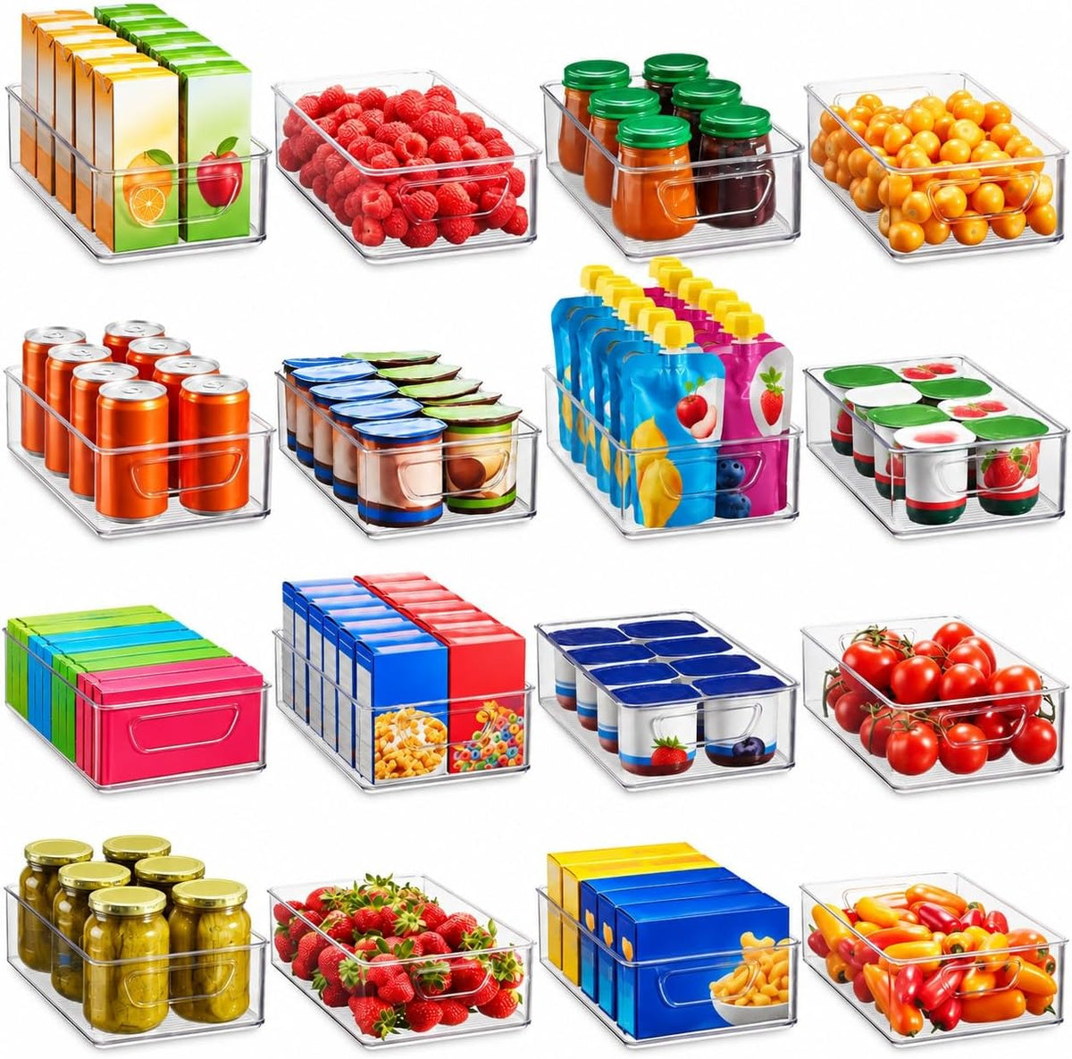 Set Of 16 Refrigerator Organizer Bins - Plastic Pantry Organization and Storage Baskets - Stackable Food Fridge Organizers with Cutout Handles for Freezer, Kitchen, Countertops, Cabinets