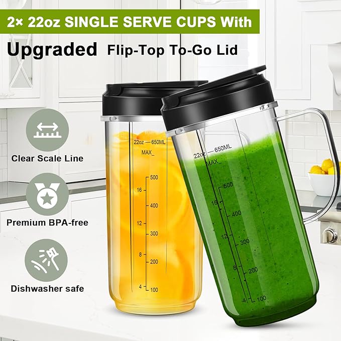 UBYNID 2 Pack Magic Bullet Blender Cups, Tall 22oz Cup with Flip Top To-Go Lid & 4 Fins Cross Blade Blender Replacement Parts, Replacement Cup Mug with Handle Compatible with Magic Bullet 250w MB1001