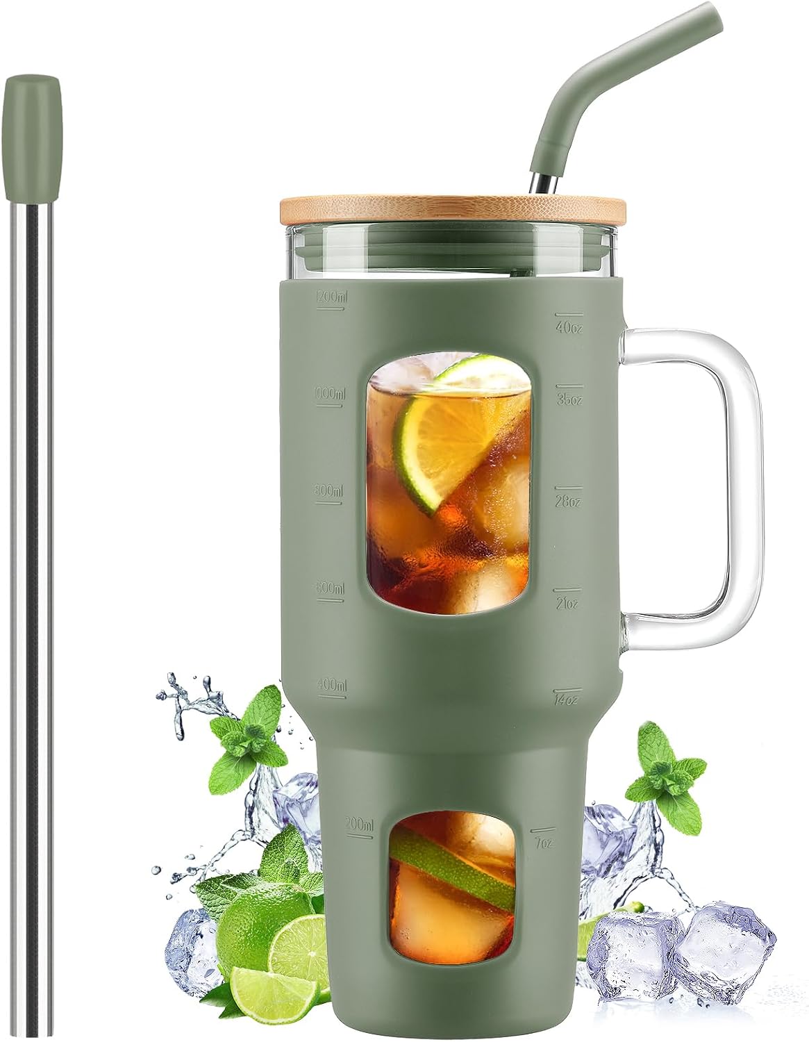 Glass Tumbler with Straw and Lid, 40 oz, Olive