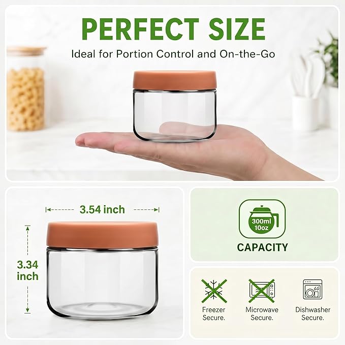 EONJOE 10 oz Glass Jars with Lids Meal Prep Portion Control Containers Pudding Yogurt Overnight Oats Salad Snack Cereal Candy Food Storage Cups Bowls Airtight