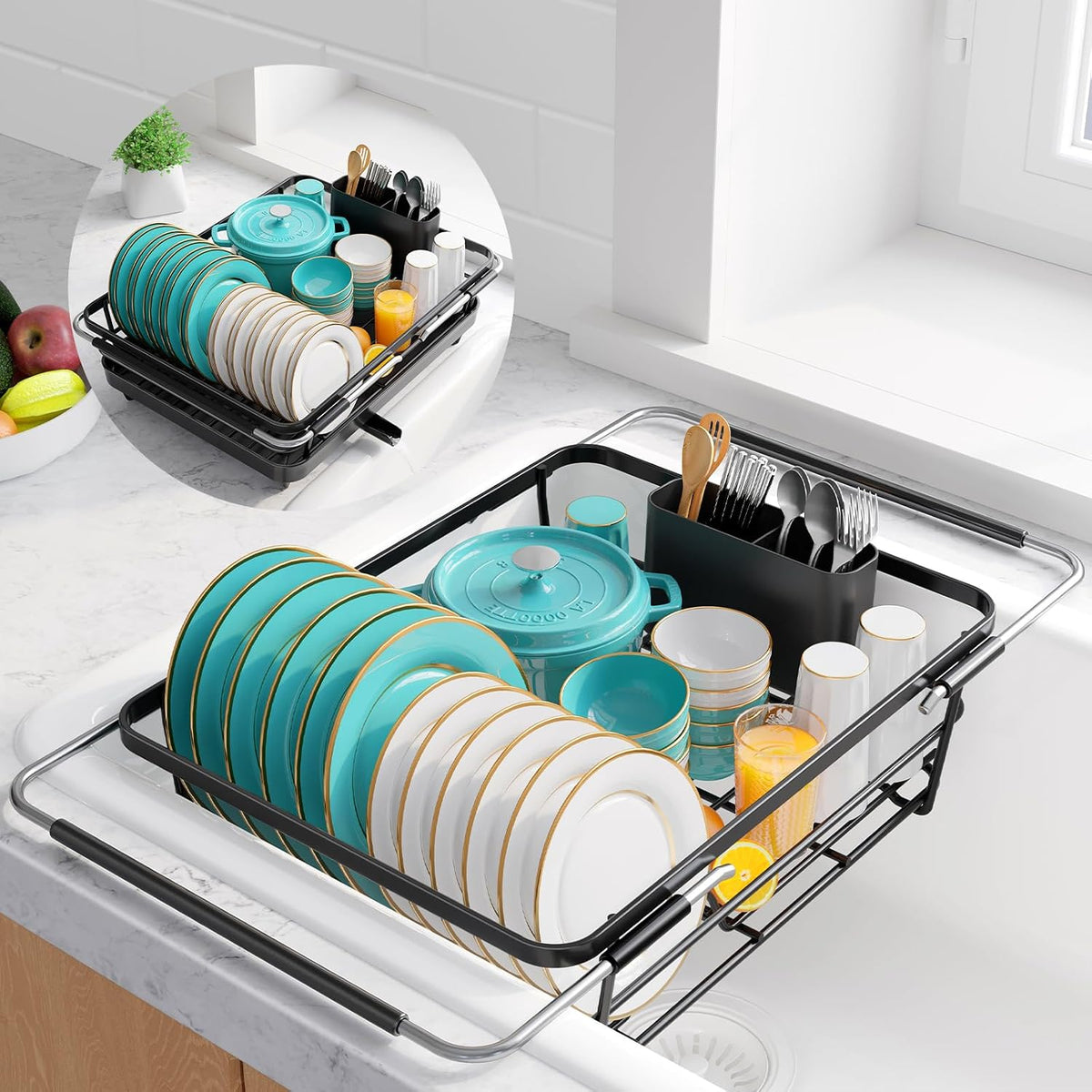 Extendable Dish Drying Rack Over Sink with Dish Drainer, Sink Organization and Storage Essentials with Silverware & Utensil Holder, Home and Apartment Decor, 12" W x 16.1~23" L, Black