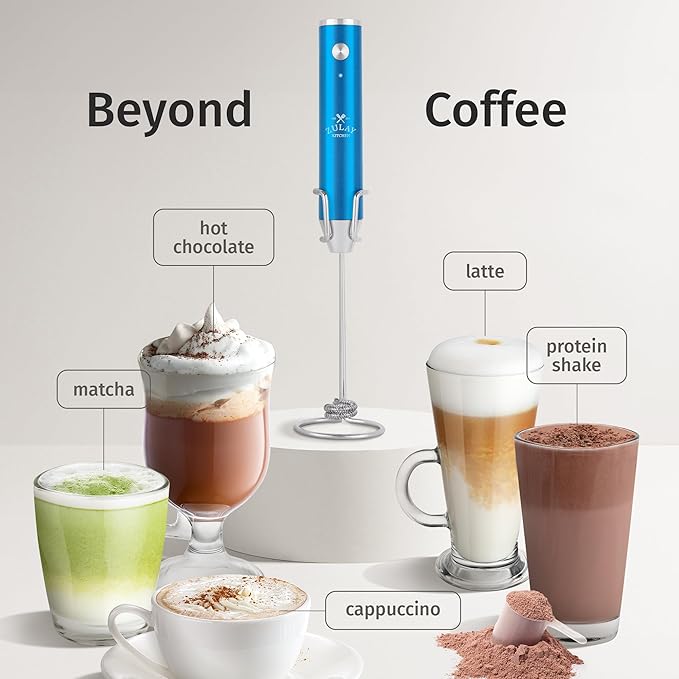 Zulay Kitchen Rechargeable Milk Frother Handheld - Frother Wand, Drink Mixer, Electric Whisk Frother, for Cappuccinos, Matcha & Protein Powder - Lux 4 Whisk 2 Speed Waterproof 2000mAh Metallic Blue