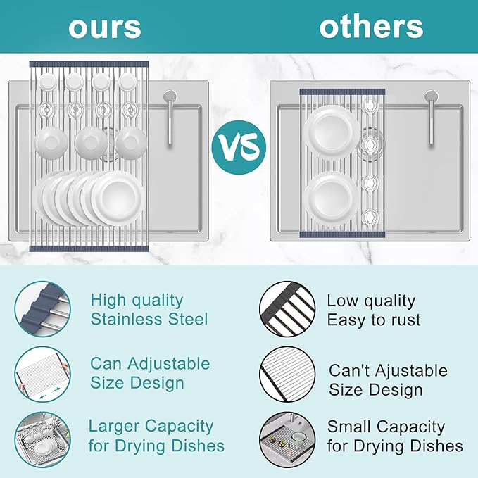 BBXTYLY Extra Large Expandable Roll Up Dish Drying Rack,Over The Sink Drying Rack Sink Cover Kitchen Sink Accessories Kitchen Rolling up Stainless Steel Drainer, Foldable,Rollable（Grey，22.8''-17.3''）