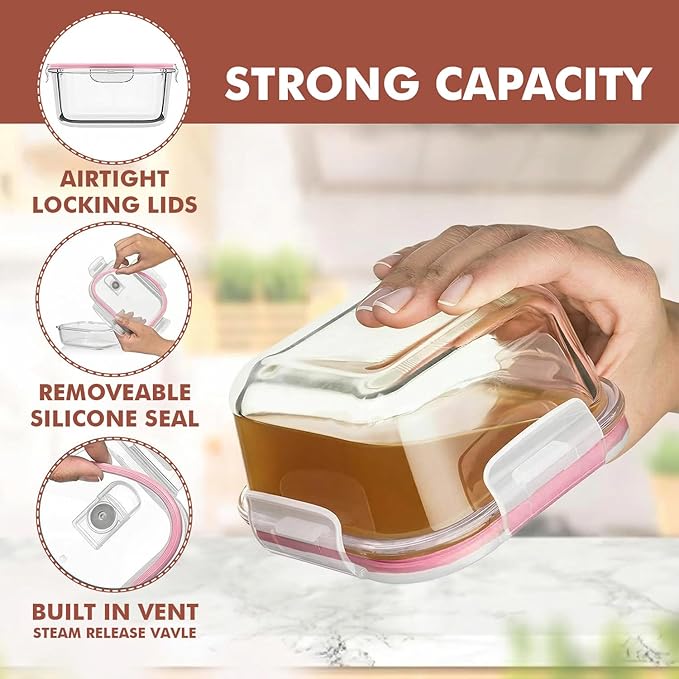 Razab 24 Pc Airtight Glass Food Storage Containers - Glass Meal Prep Containers - Freezer to Oven Safe - Steam Release Valve BPA Free - Airtight Bento Boxes - Leak Proof (12 lids & 12 Containers)