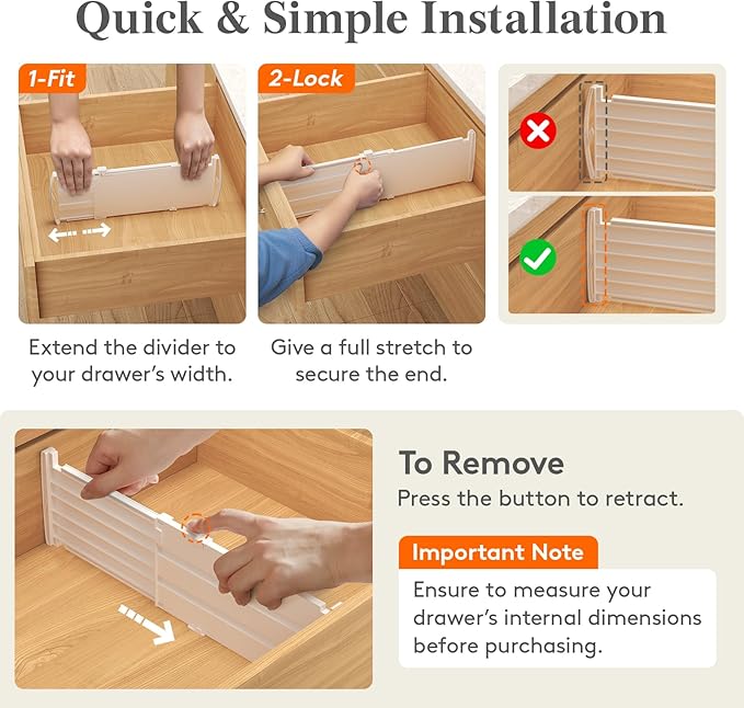 Lifewit 4 Pack 5" High Drawer Dividers for Clothes, 11.5"-18.5" Expandable Dresser Drawer Organizers, Adjustable White Plastic Separators for Kitchen, Cabinet, Nursery, Socks & Underwear Storage