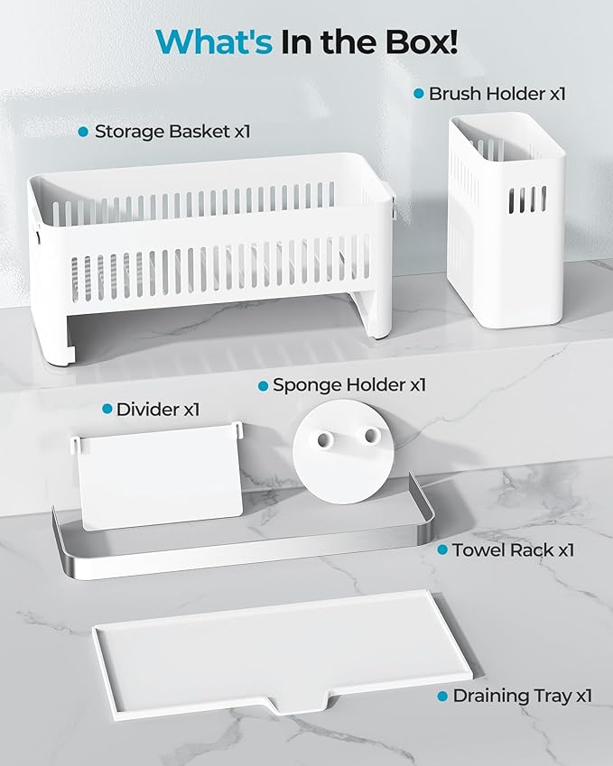 Nieifi Sponge Holder for Kitchen Sink, Sink Caddy with Towel Rack, Dish Sponge Holder, Brush Holder for Kitchen Sink Organizer Storage, White
