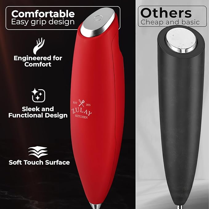 Zulay Kitchen Powerful Milk Frother Wand With Duracell Batteries - Ultra Fast Handheld Drink Mixer - Electric Whisk Foam Maker for Coffee, Lattes, Cappuccino & Matcha - Triple Whisk - Maroon Red
