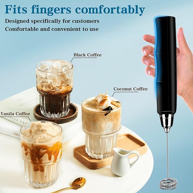BSRGMS Milk Frother Handheld for Coffee, Electric Whisk 3 Speed Adjustable, Drink Mixer with Stainless 3 Whisks, Rechargeable Hand Frother Wand, Foam Maker for Latte Cappuccino Hot Chocolate Egg Black