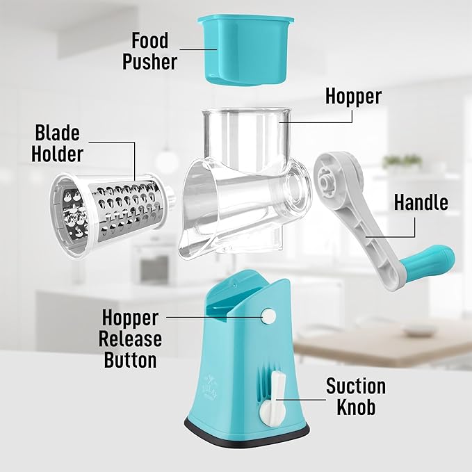 Zulay Kitchen Rotary Cheese Grater 5 Blade Cheese Shredder - Manual Hand Crank Cheese Grater With Reinforced Suction & 5 Interchangeable Drums