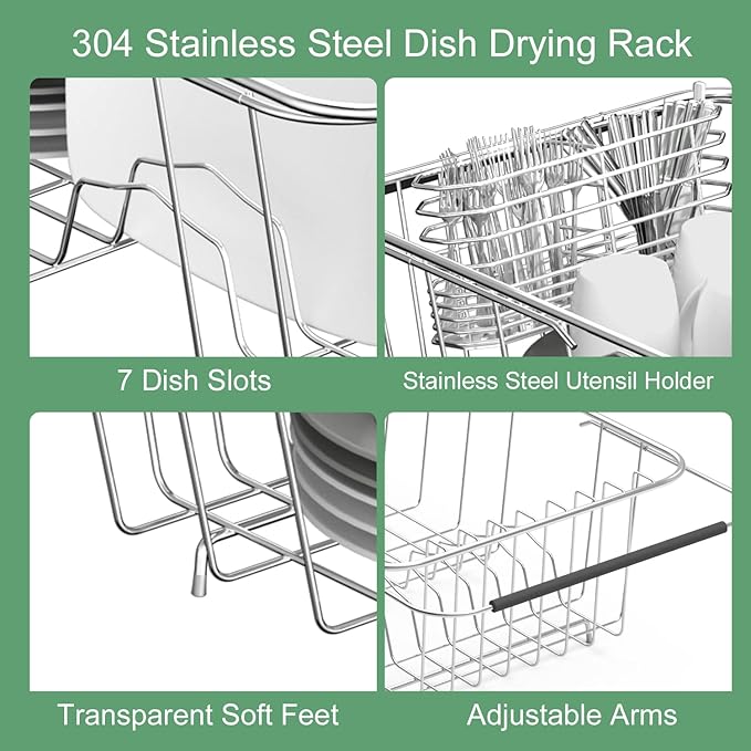 JAQ Over Sink Dish Drying Rack for Small Sink, Compact Expandable 14.25"–22.44", Adjustable 304 Stainless Steel Dish Drainer with Utensil Holder, Space Saving for Small Kitchen