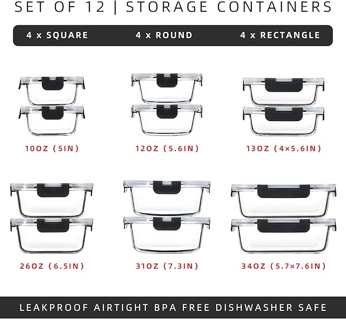 FAWLES 12 Pack Glass Meal Prep Containers with Airtight Lids, Leak-Proof Food Storage Containers, Dishwasher/Microwave/Oven/Freezer Safe Glass Containers for Lunch, Leftovers, to Go (Grey)