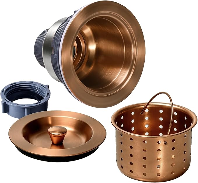 KONE 3/1-2 Inch Sink Drain Assembly Antique Copper Kitchen Sink Drain Kit Copper Stainless Steel Sink Basket Strainer Rubber Stopper, Sealing Lid/Removable Deep Waste Basket for Home, Kitchen