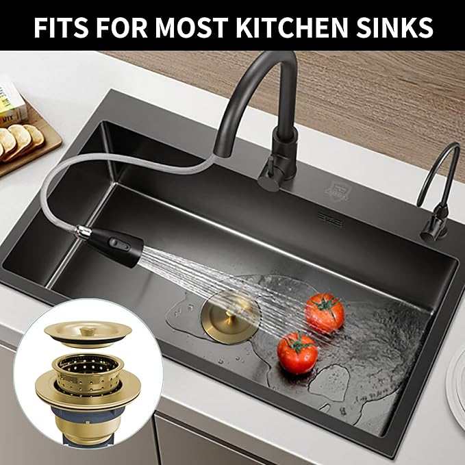 Sink Strainer Kitchen Sink Drain Assembly Kit 3-1/2 Inch with Kitchen Sink Drain Basket,304 Stainless Steel Sink Stopper & Cover Lid，Stainless Steel Gold Color