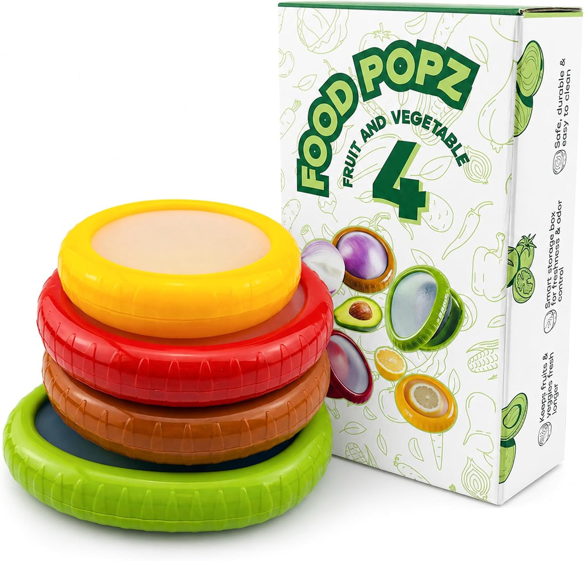 Set of 4 Food Popz Storage Containers | Fruit and Vegetable Anti-Oxidation Storage Box for Avocado, Onion, Lemon & Tomato | Fresh Pod Reusable Fruit Antioxidant Storage for Fridge | BPA-Free Box
