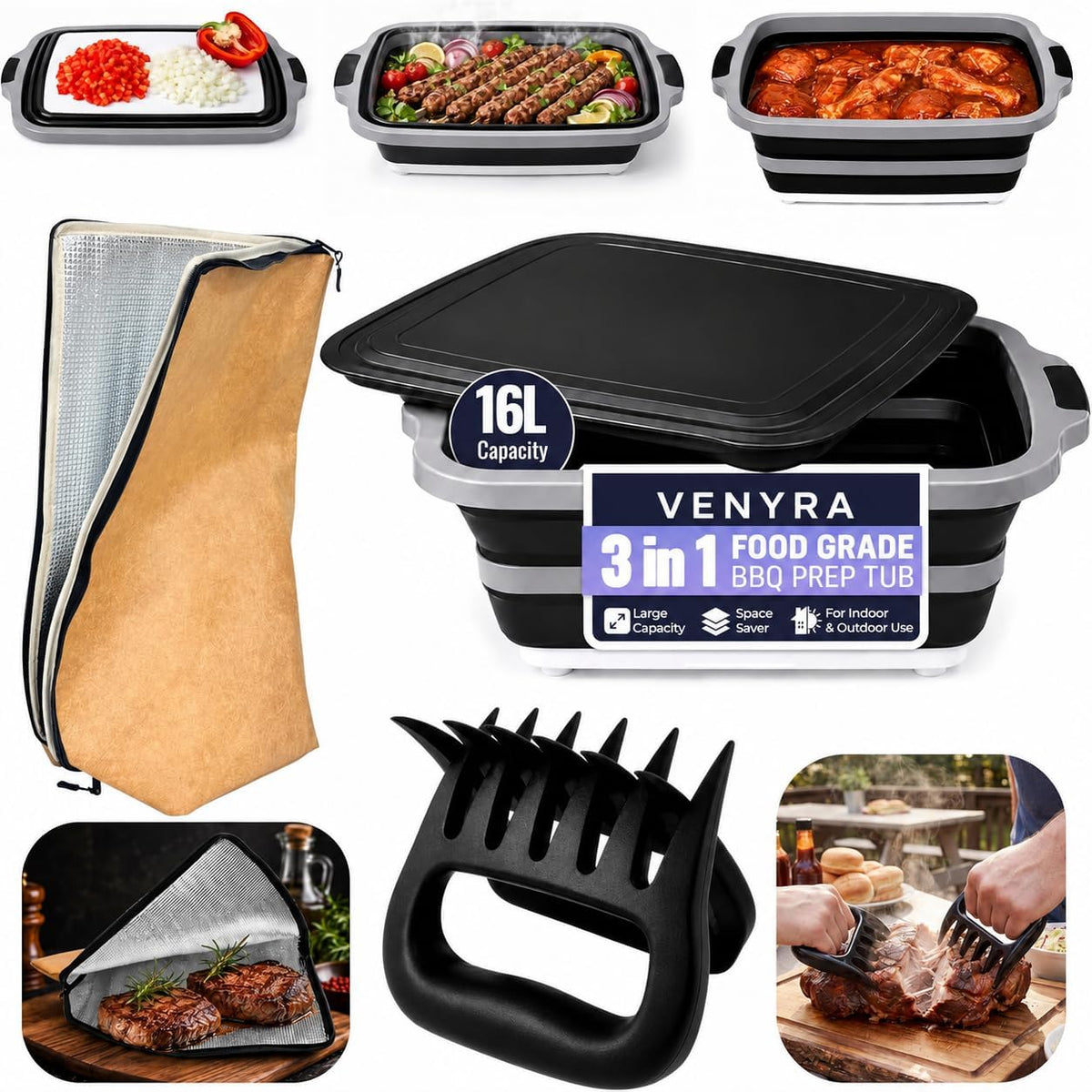 3pcs Barbecue Prep Tub, BBQ Blanket, Meat Shredder Claws | Collapsible 3 in 1 Cutting Board with Colander & Dish Basin, Insulated 21" Meat Resting Bag, Barbecue Grilling Accessories.