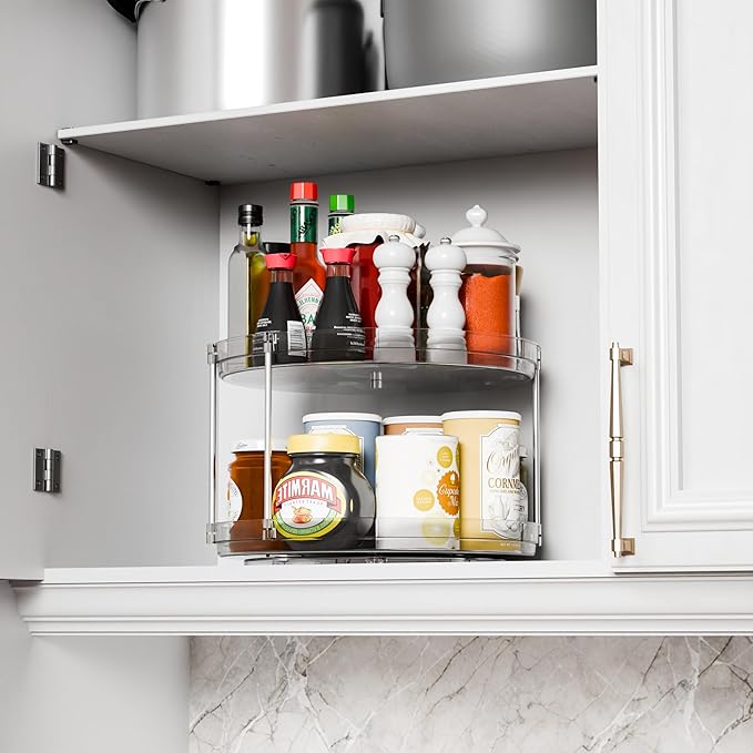 2 Tier Lazy Susan Turntable for Cabinet,Countertop,Pantry,12"W Spinning Seasoning Organizer,Double Rotating Kitchen Spice Rack Organizer and Condiments,Medicine,Vitamin Bottle Organizer Carousels,1Pc