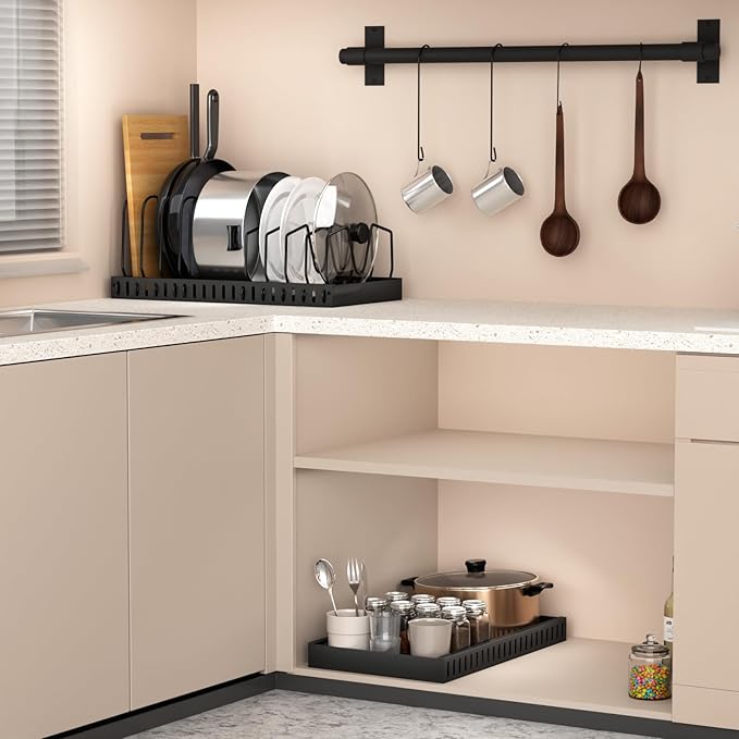 FLSEPAMB Pots and Pans Organizer Sliding Pot and Pan Organizer in Kitchen, 1 Pack Cabinet Pull Out Shelves, for Pots, Lids and Pan Organizer with Two Types of Shelves