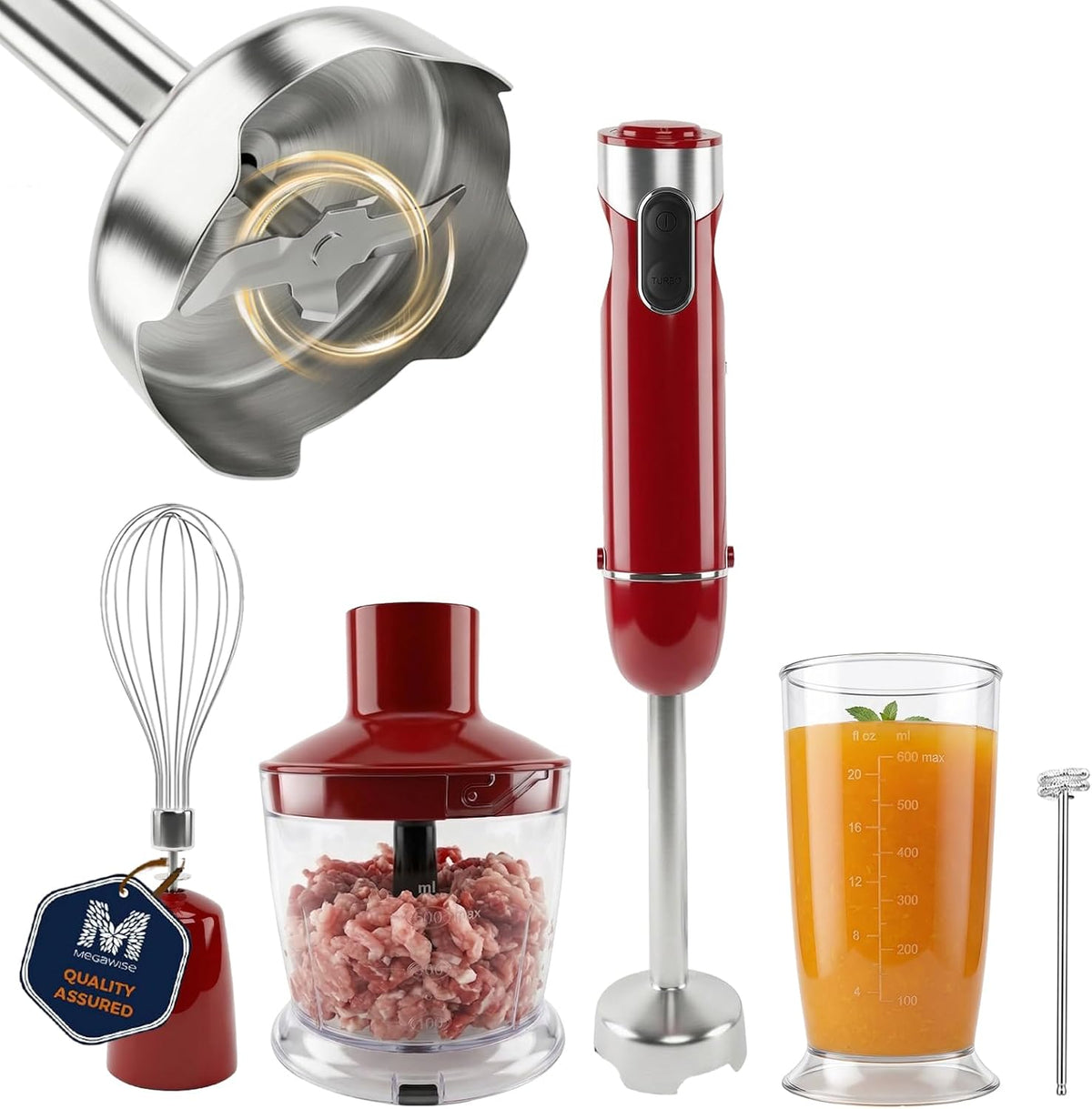 Immersion Blender, 800W 5-in-1 Hand Blender, Variable Speed, Red