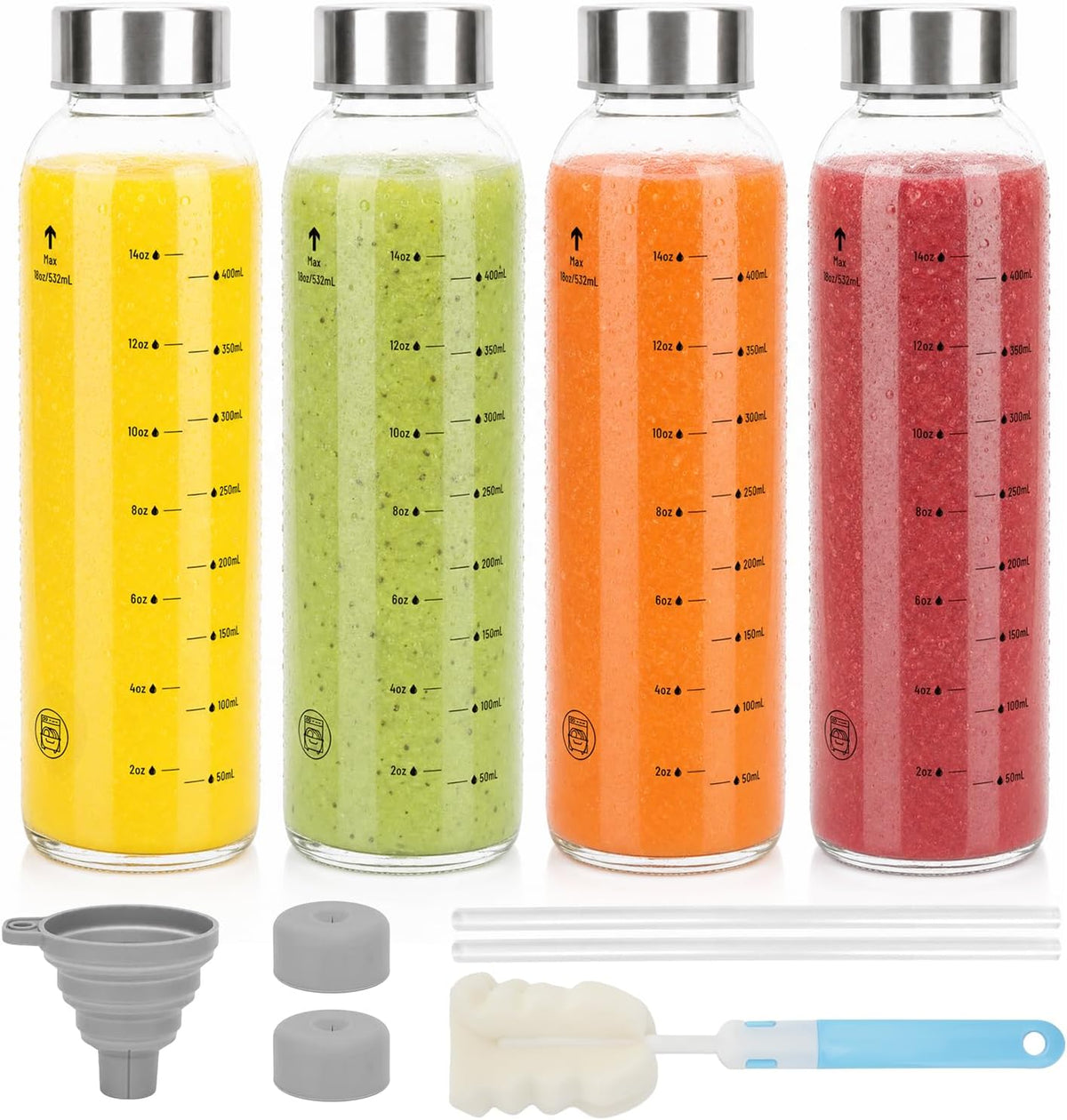 Clear Glass Bottles with Lids, 18oz Glass Water Bottles for Juicing
